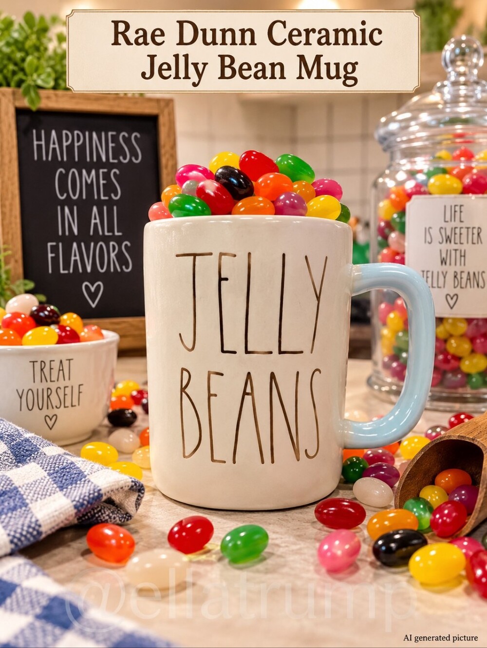 Rae Dunn White Mug With Baby Blue Inside And Gold Writing "Jelly Beans"